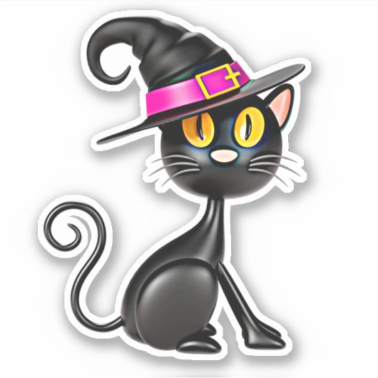 3Dイリュージョン 黒猫 パープルリボン 魔女の帽子 シール (正面)