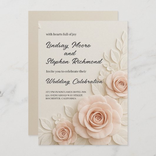 3Dエレガント赤面バラ結婚式招待状ロマンチック 招待状 (正面/裏面)