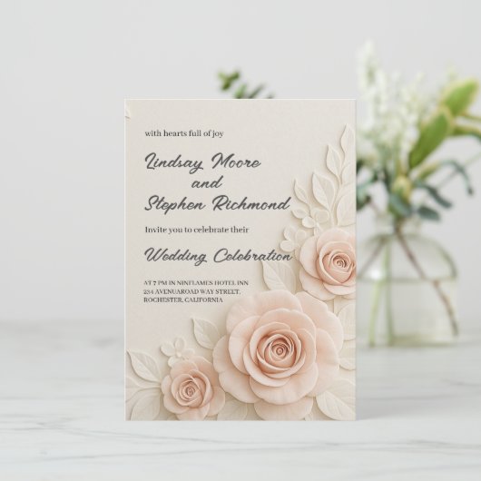 3Dエレガント赤面バラ結婚式招待状ロマンチック 招待状 (スタンド正面)