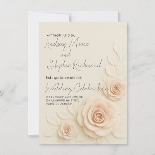 3Dエレガント赤面バラ結婚式招待状ロマンチック 招待状 (正面)