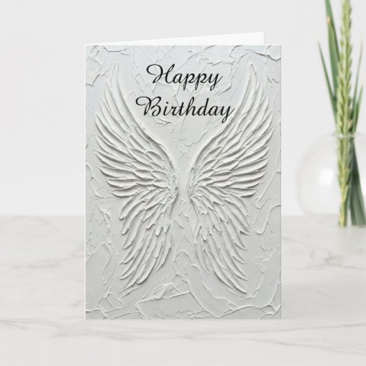 3Dエンボス加工 天使の羽根 誕生日カード 白 カード (正面)