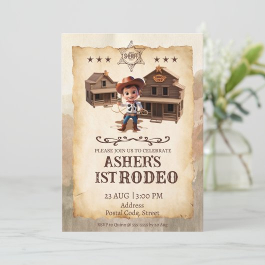 3Dカウボーイパーソナライズされたダウンロード可能誕生日 招待状 (スタンド正面)