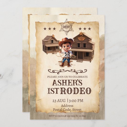 3Dカウボーイパーソナライズされたダウンロード可能誕生日 招待状 (正面/裏面)