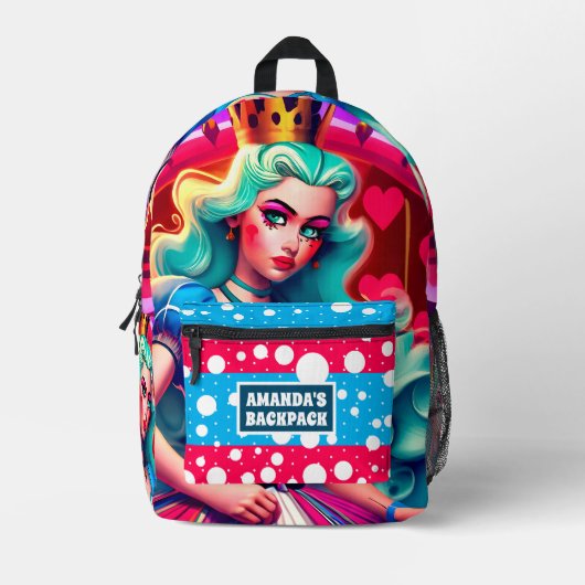3Dクイーン・オブ・ハートパーソナライズされた・キッズ名 プリントバックパック (正面)