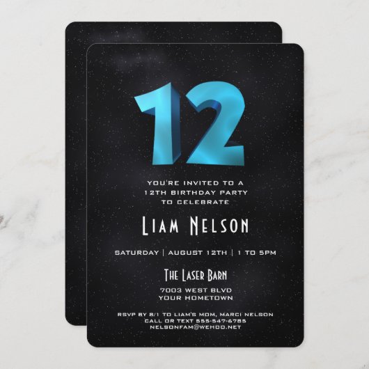3Dクールオンブラック12thバースデーパーティーへの招待 招待状 (正面/裏面)