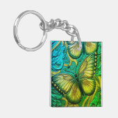 3Dグリーンとターコイズバタフライキーチェーン キーホルダー (正面左)