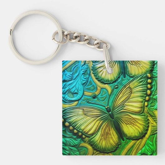 3Dグリーンとターコイズバタフライキーチェーン キーホルダー (正面)