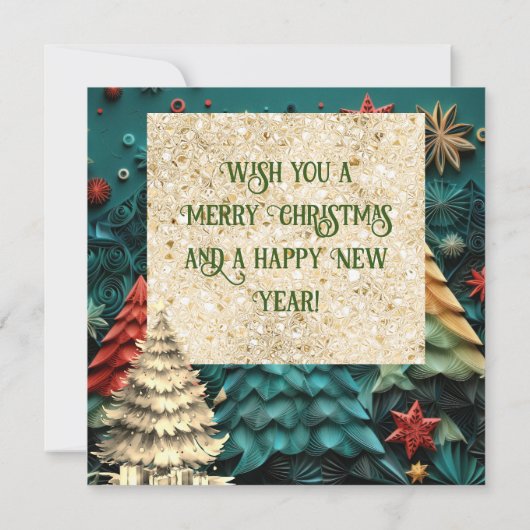 3dグリーンクリスマスツリー|ゴールデンクリスマスパーティー 招待状 (裏面)