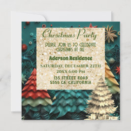 3dグリーンクリスマスツリー|ゴールデンクリスマスパーティー 招待状