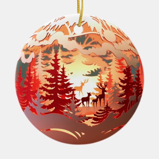 3Dスタイルディアインフォレストカントリークリスマスホリデー セラミックオーナメント (正面)