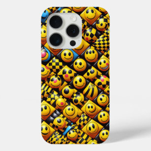 3Dスマイルフェイスモザイクフォンケース - イエロー&ブラック iPhone 15 PROケース