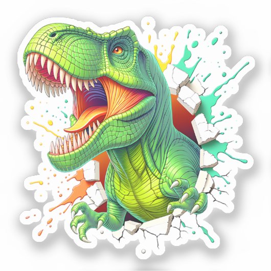 3Dティラノサウルス恐竜の壁破りボーイズキッズTシャツ シール (正面)