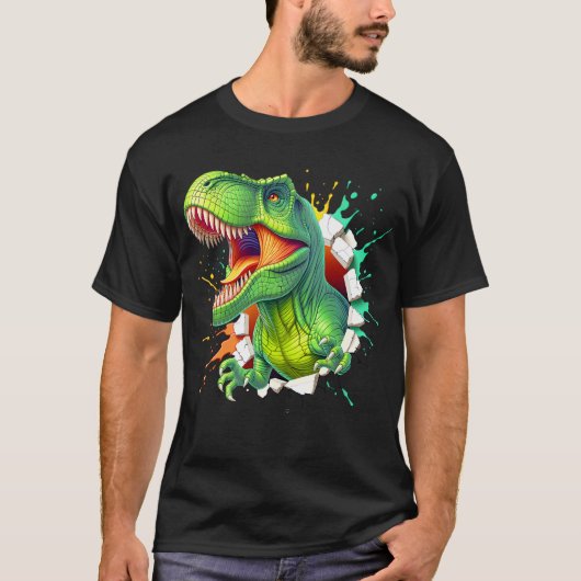 3Dティラノサウルス恐竜壁破壊ボーイズキッズTシャツ Tシャツ (正面)