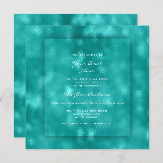 3Dティール（緑がかった色）水中競技ティファニーアーバンビーチ海ガラス 招待状 (正面/裏面)