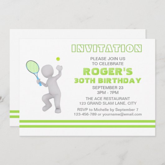 3Dテニス選手テニスラケットボールパーソナライズされた 招待状 (正面/裏面)