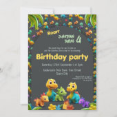 3dディノかわいい恐竜クルー4歳の誕生日招待状 招待状 (正面)