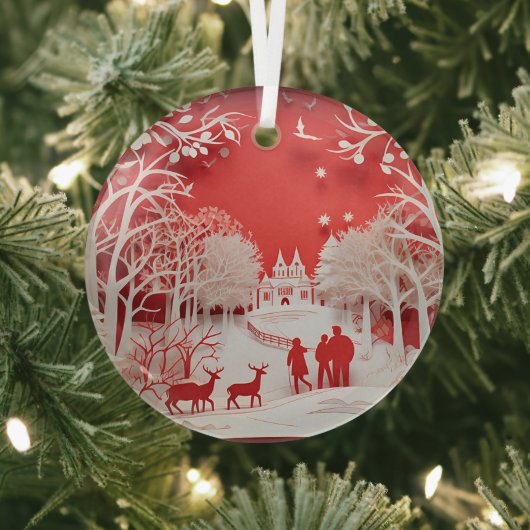 3Dトナカイと村の人 ガラスオーナメント (インサイチュ)