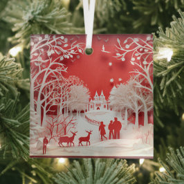 3Dトナカイと村の人 ガラスオーナメント