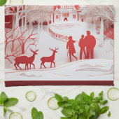 3Dトナカイと村の人 キッチンタオル (折り畳み)