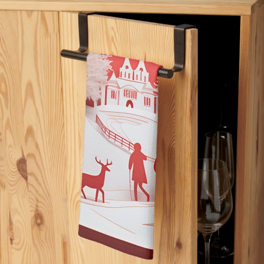 3Dトナカイと村の人 キッチンタオル (三つ折り)