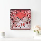 3Dトナカイと村の人 スクエア壁時計 (ホーム)