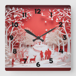 3Dトナカイと村の人 スクエア壁時計
