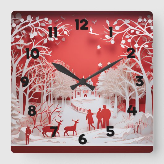 3Dトナカイと村の人 スクエア壁時計 (正面)
