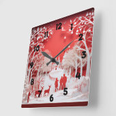 3Dトナカイと村の人 スクエア壁時計 (傾斜)