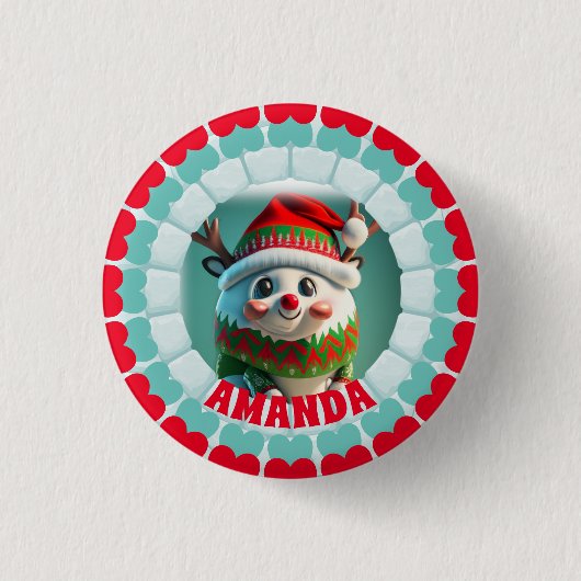 3Dトナカイパーソナライズされたクリスマス 缶バッジ (正面)