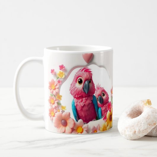 3Dハッピーマザーズデイオウムと花 コーヒーマグカップ (ドーナツ)