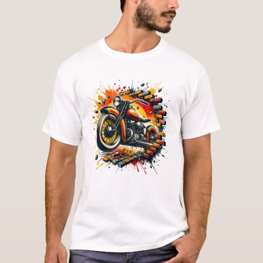3Dバイクのレンガ壁の穴 Tシャツ (正面)