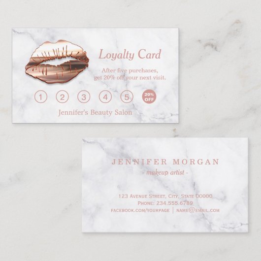 3Dバラ金ゴールドリップメイクアップサロン大理石ロイヤリティカード ロイヤリティカード (正面/裏面)