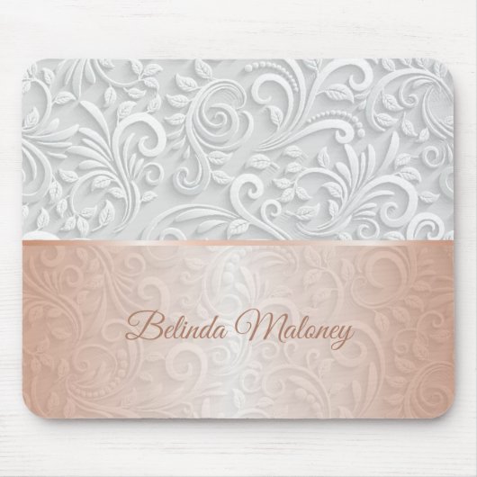 3Dパターンホワイトローズ金ゴールド マウスパッド (正面)