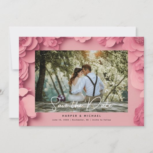 3dピンクのフローラ写真の保存日付 招待状 (正面)