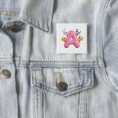 3Dピンクバルーンの文字A 森の動物 スクエアボタン 缶バッジ (インサイチュ)