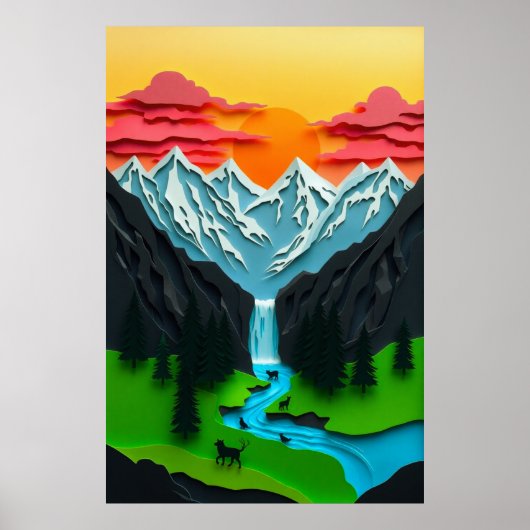 3Dペーパークラフトの山の風景 ポスター (正面)