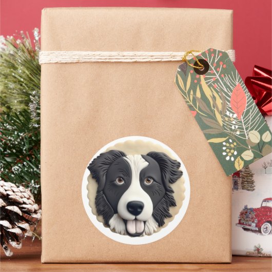 3Dボーダーコリー犬インスパイアデザイン ラウンドシール (クリスマス)
