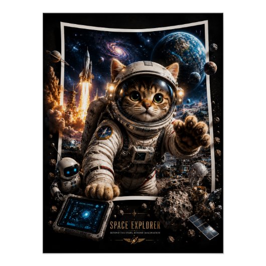 3Dポップアップポスター 光沢仕上げ スペースエクスプローラーの猫 ポスター (正面)