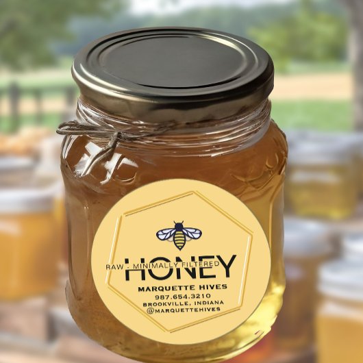 3Dモダン六角形とスタイル化されたミツバチ生の蜂蜜 ラウンドシール