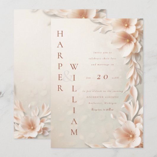 3dモダン赤面フローラ結婚 招待状 (正面/裏面)