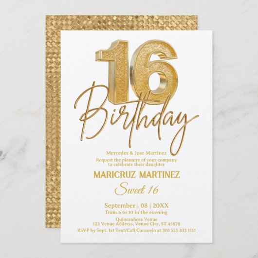 3Dモダン金ゴールドグリッタースウィート16誕生日 招待状 (正面/裏面)