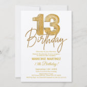 3Dモダン金ゴールドグリッター13th誕生日パーティー 招待状 (正面)