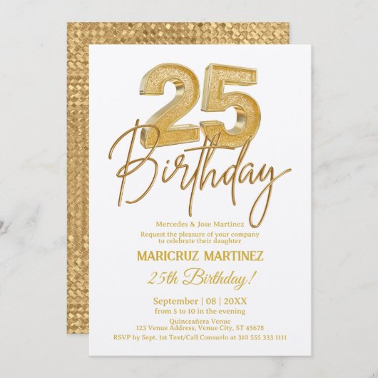 3Dモダン金ゴールドグリッター25th誕生日パーティー 招待状 (正面/裏面)