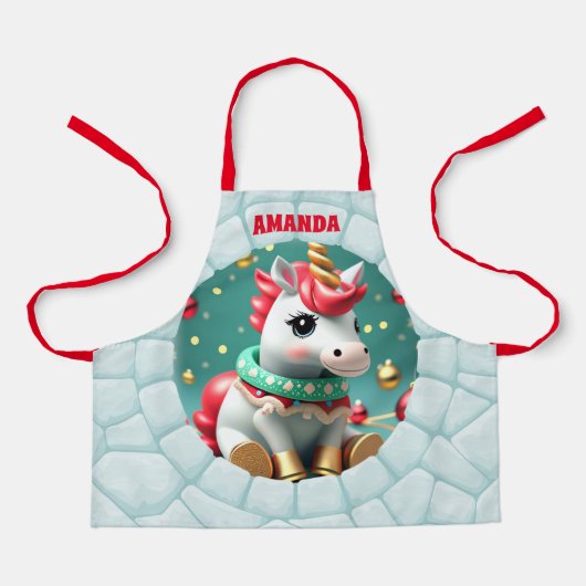 3Dユニコーンクリスマスパーソナライズされたキッズ エプロン (正面)