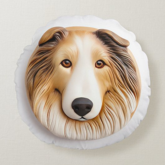 3Dラフコリー犬モチーフ ラウンドクッション (正面)
