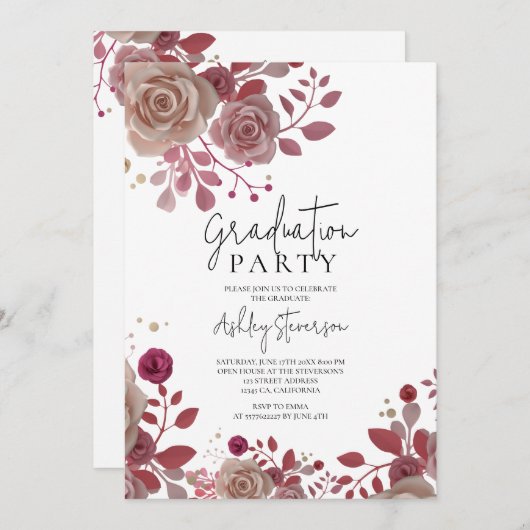 3Dローズブーケフローラ写真植物卒業 招待状 (正面/裏面)