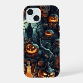3D不気味ハロウィーン、こうもり、スカル、カボチャ iPhone 15ケース