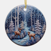 3D刺繍ルックディアウィンターフォレストランドスケープ セラミックオーナメント (正面)