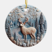 3D刺繍ルックディアウィンターフォレストランドスケープ セラミックオーナメント (正面)