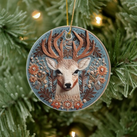 3D刺繍ルックディアバックカントリーランドスケープ セラミックオーナメント (ツリー)